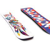 Salomon Junior's Grace Snowboard 2025 - A snowboard with a predominantly white base and a colorful, abstract design featuring red, blue, yellow, black, and purple shapes.