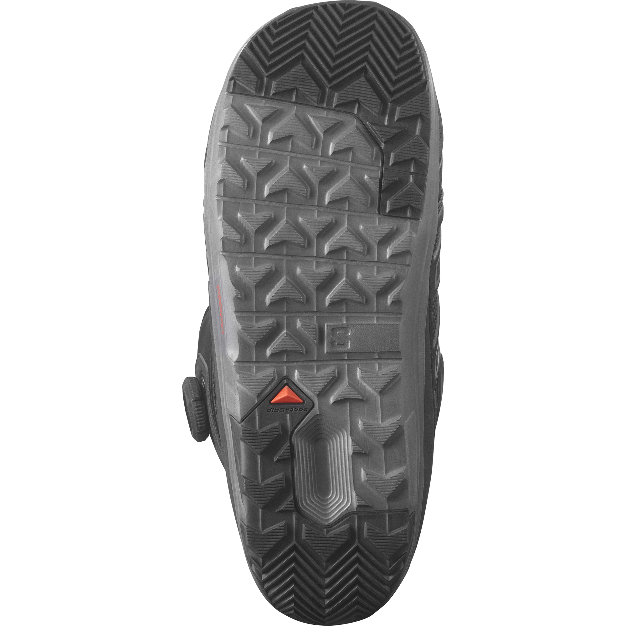 Salomon Launch SJ BOA Snowboard Boots 2026 - Black snowboard boots with a textured, rubber sole and red accents on the side.