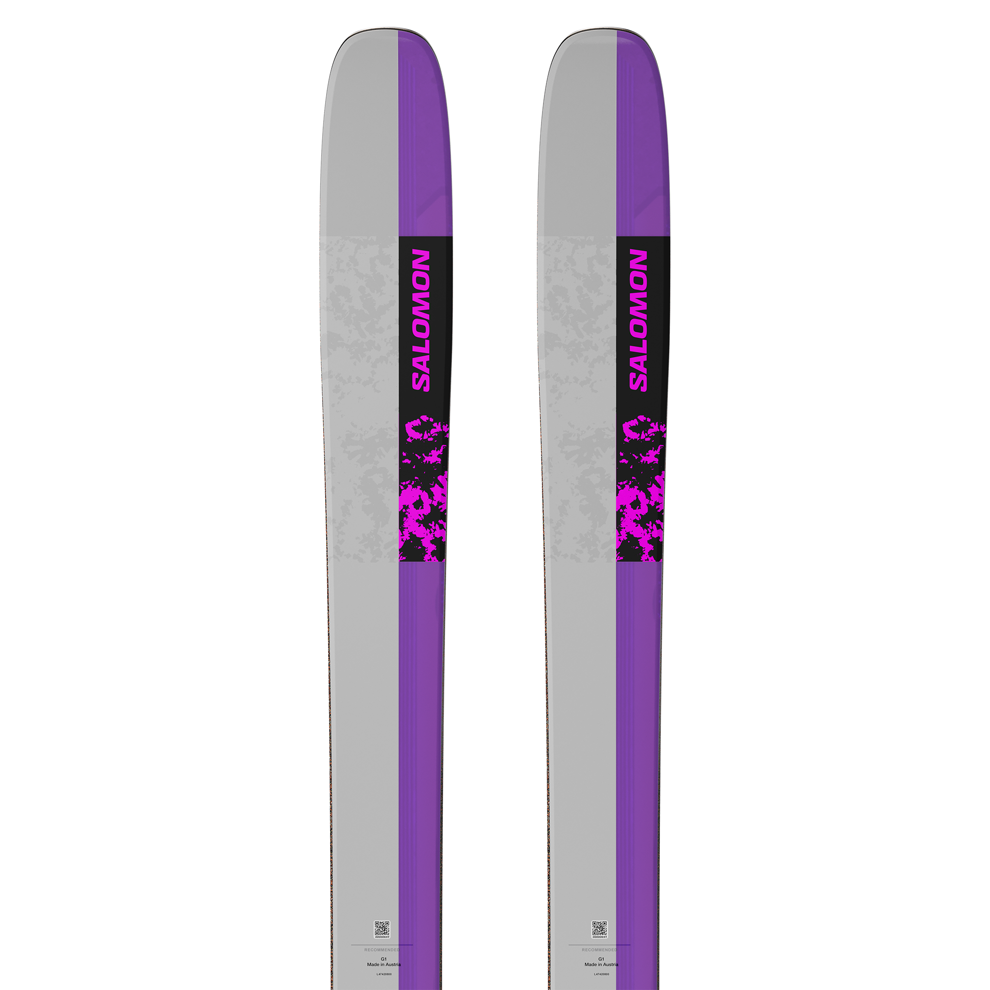 Salomon S/Lab QST X Skis 2026 - A pair of skis with a purple and gray color scheme, featuring a distinctive black stripe down the middle.