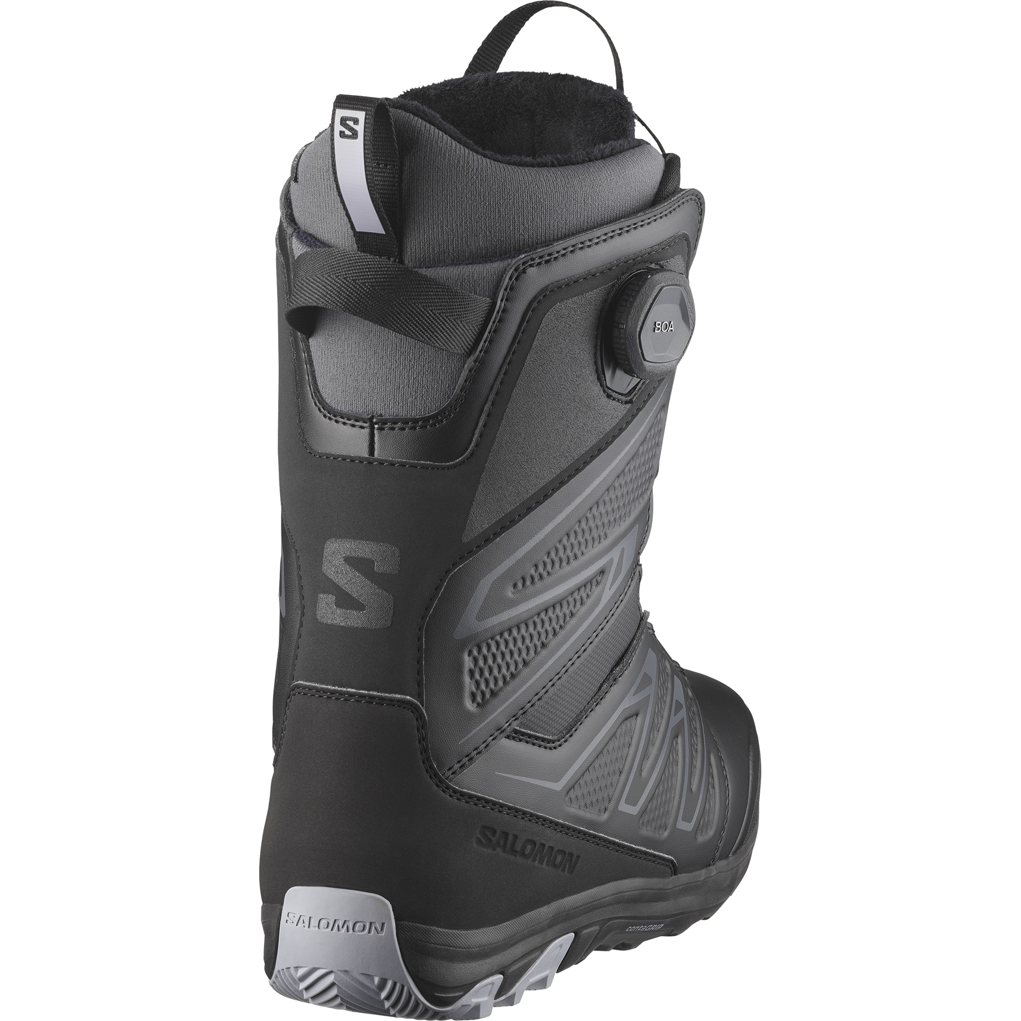 Salomon Women's Ivy BOA Straight Jacket Snowboard Boot - A black snowboard boot with a textured pattern on the side and a white logo on the heel.