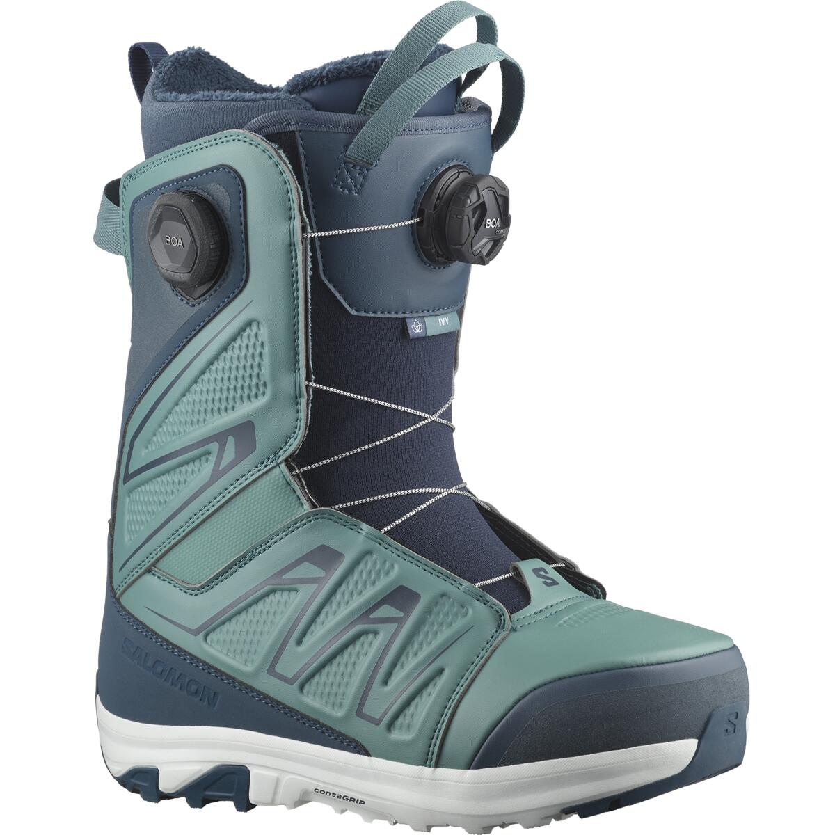 Salomon Women's Ivy SJ BOA Snowboard Boot - A light blue snowboard boot with a dark blue logo and strap, featuring a BOA closure system on the side.