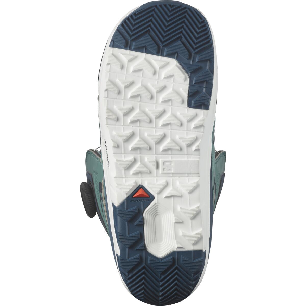 Salomon Women's Ivy SJ BOA Snowboard Boot - A predominantly white snowboard boot with a blue and black patterned design on the upper portion, featuring a dark-colored sole.