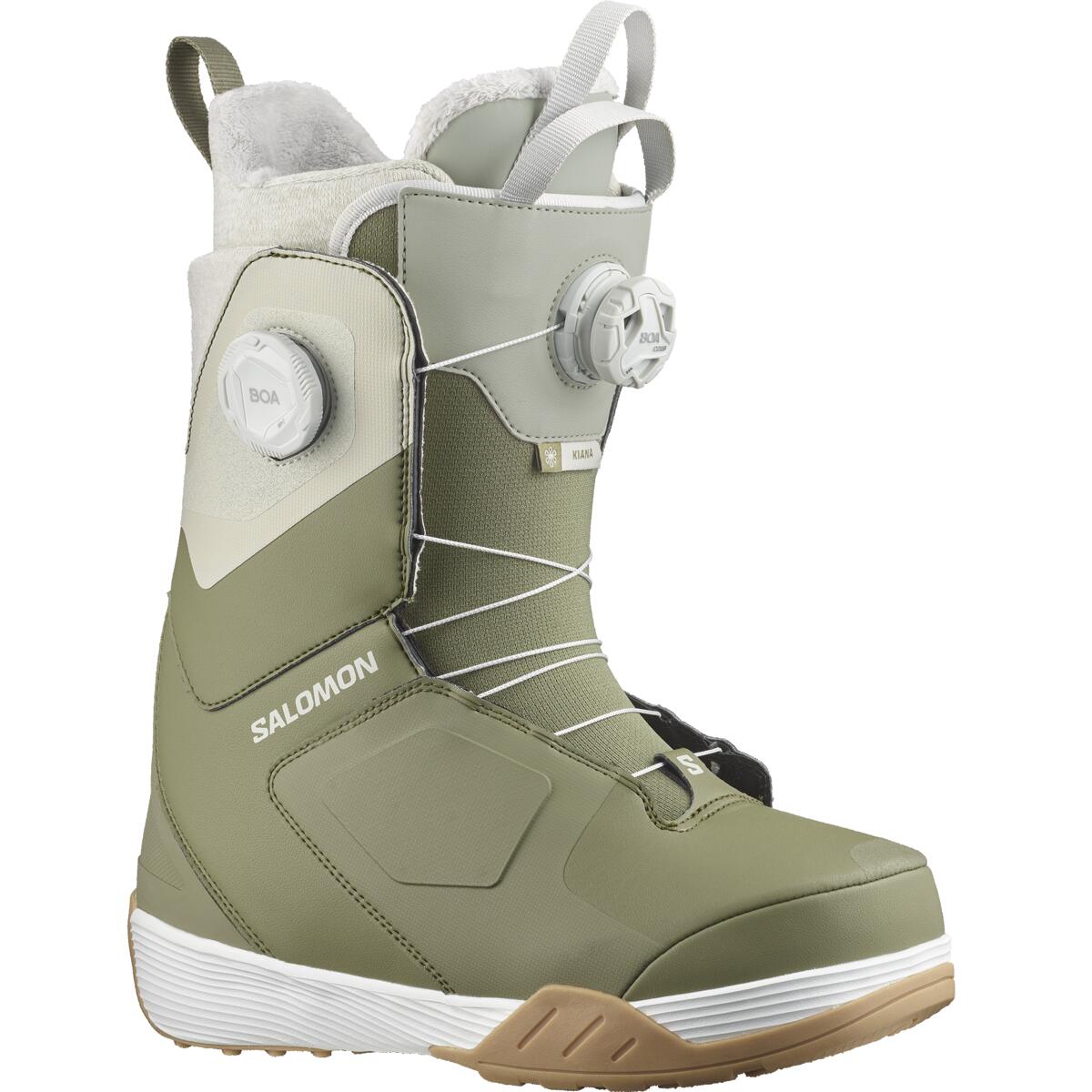 Salomon Women's Kiana Dual BOA Snowboard Boots - Sage green snowboard boots with a textured pattern on the toe and heel areas, featuring white laces and a white sole.