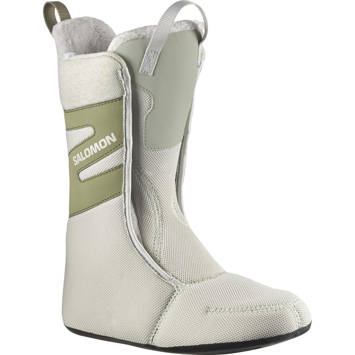 Salomon Women's Kiana Dual BOA Snowboard Boots 2025 - A pair of white snowboard boots with a green strap and white fur lining visible inside.
