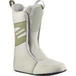 Salomon Women's Kiana Dual BOA Snowboard Boots 2025 - A pair of white snowboard boots with a green strap and white fur lining visible inside.