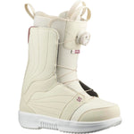 Salomon Women's Pearl BOA Snowboard Boots 2025 - A pair of white snowboard boots with a textured pattern on the toe and heel areas, featuring a round white dial on the side.