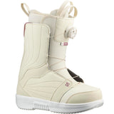 Salomon Women's Pearl BOA Snowboard Boots 2025 - A pair of white snowboard boots with a textured pattern on the toe and heel areas, featuring a round white dial on the side.