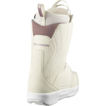 Salomon Women's Pearl BOA Snowboard Boots - A pair of white snowboard boots with a pink accent on the top, featuring a strap and buckle closure system.