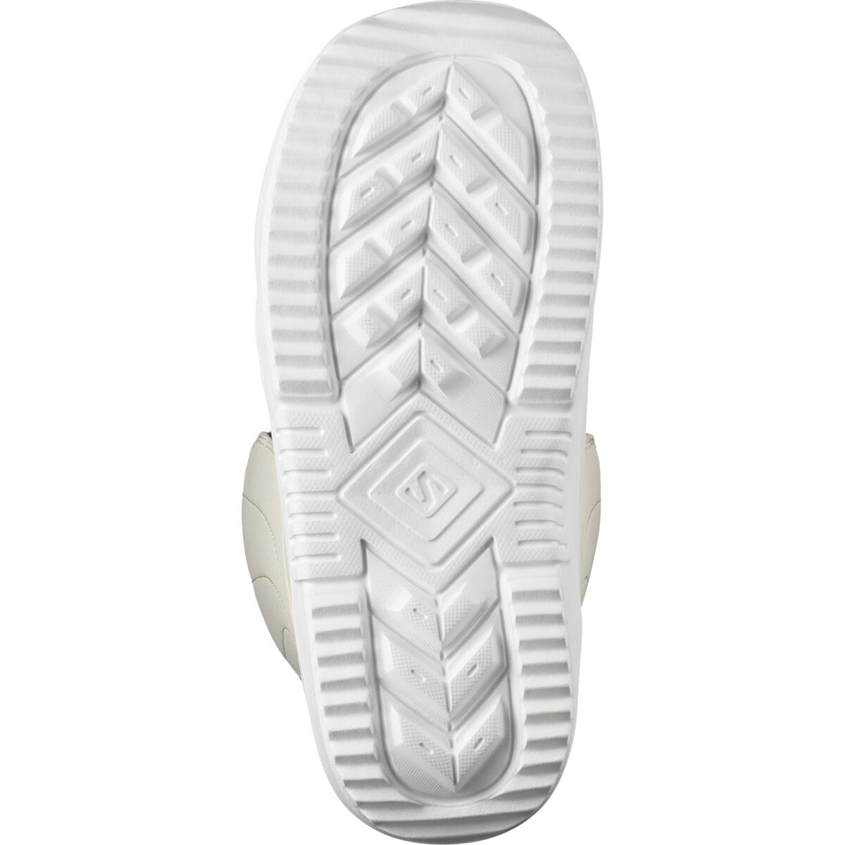 Salomon Women's Pearl BOA Snowboard Boots 2025 - White snowboard boots with a textured, rubber outsole and silver metal hardware.