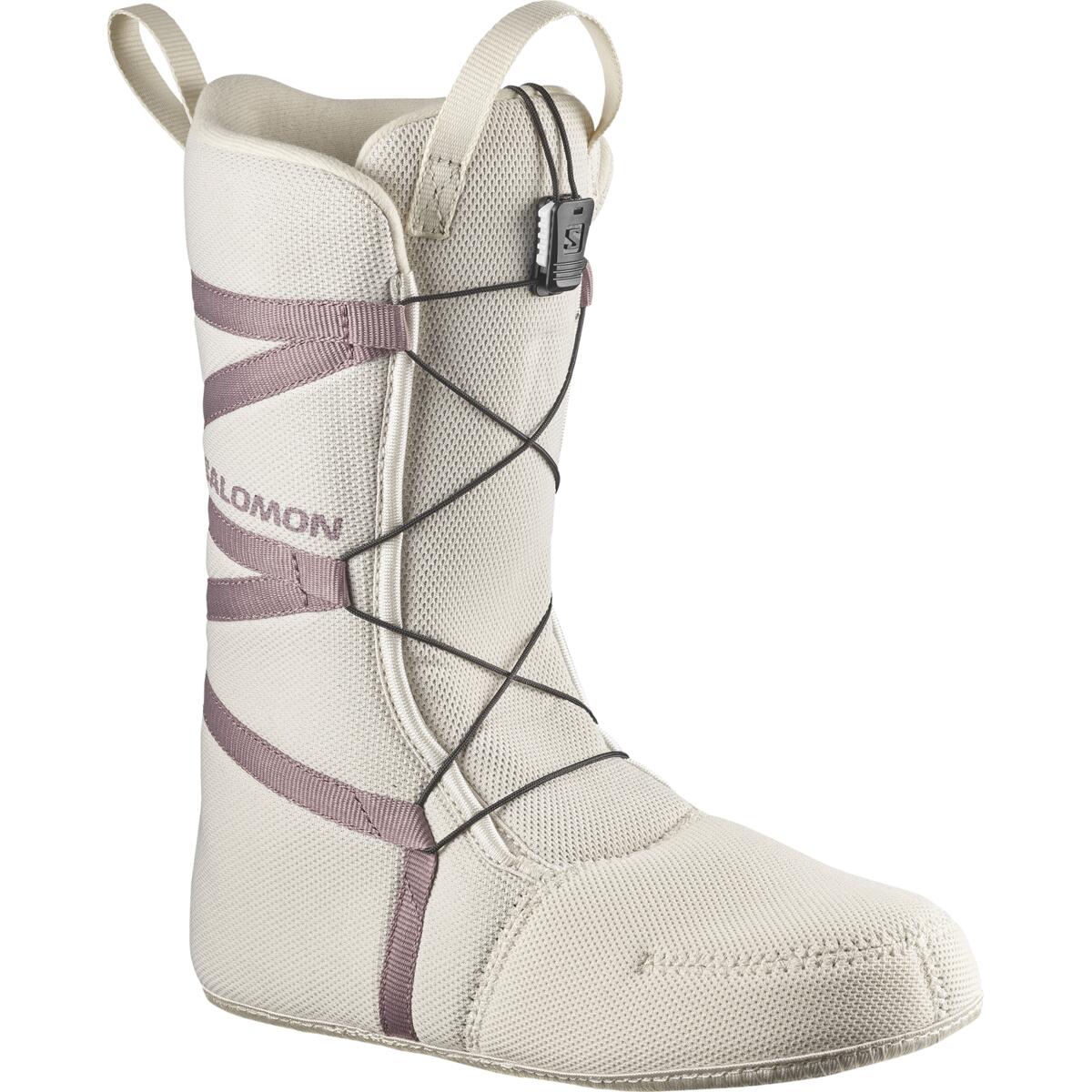 Salomon Women's Pearl BOA Snowboard Boots 2025 - A pair of white snowboard boots with a textured fabric upper and purple accents, featuring a BOA closure system on the side.