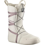 Salomon Women's Pearl BOA Snowboard Boots 2025 - A pair of white snowboard boots with a textured fabric upper and purple accents, featuring a BOA closure system on the side.