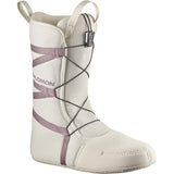 Salomon Women's Pearl BOA Snowboard Boots 2025 - A pair of white snowboard boots with a textured fabric upper and purple accents, featuring a BOA closure system on the side.