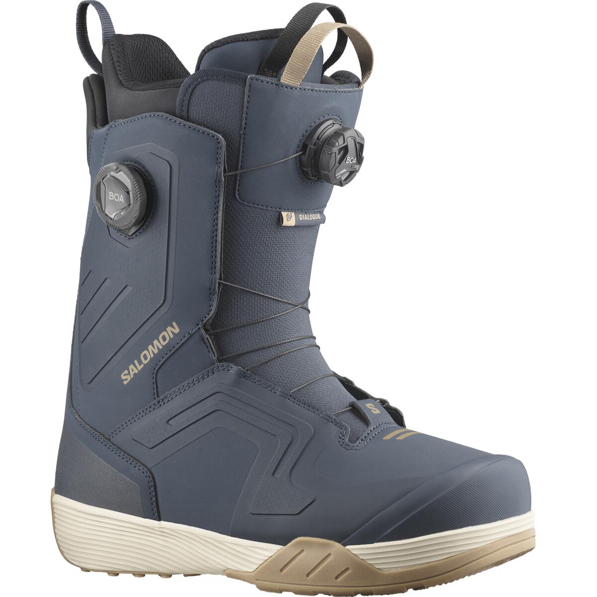 Salomon Men's Dialogue Dual BOA Snowboard Boots - A pair of dark gray snowboard boots with a textured rubber sole and black laces.