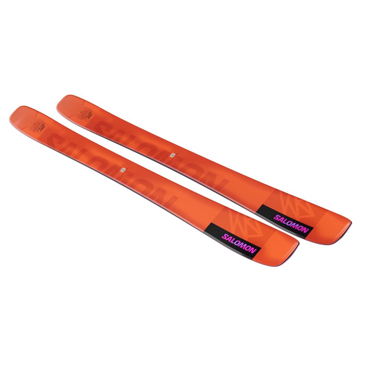 Salomon QST 106 Skis 2025 - A pair of skis with a bright orange base and black lettering.