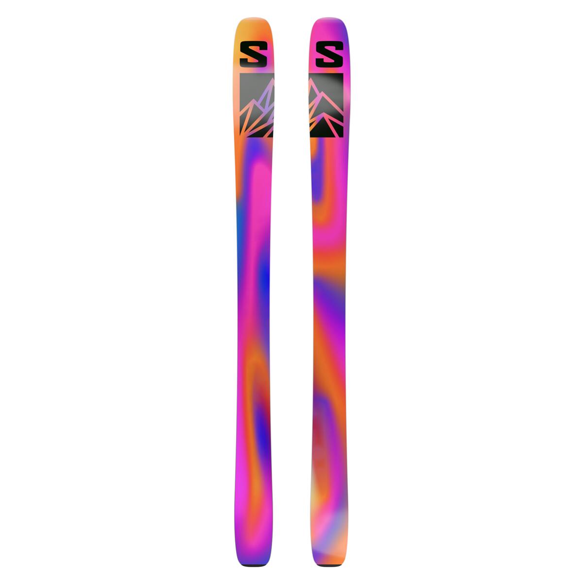 Salomon QST 106 Skis 2025 - A pair of skis with a gray and orange color scheme, featuring a mountain graphic on the top.