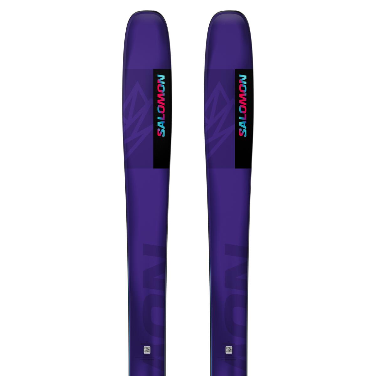 Salomon QST 98 Skis 2025 - A pair of purple skis with a geometric pattern on them, featuring a black rectangle with "SALOMON" written in blue and pink letters.