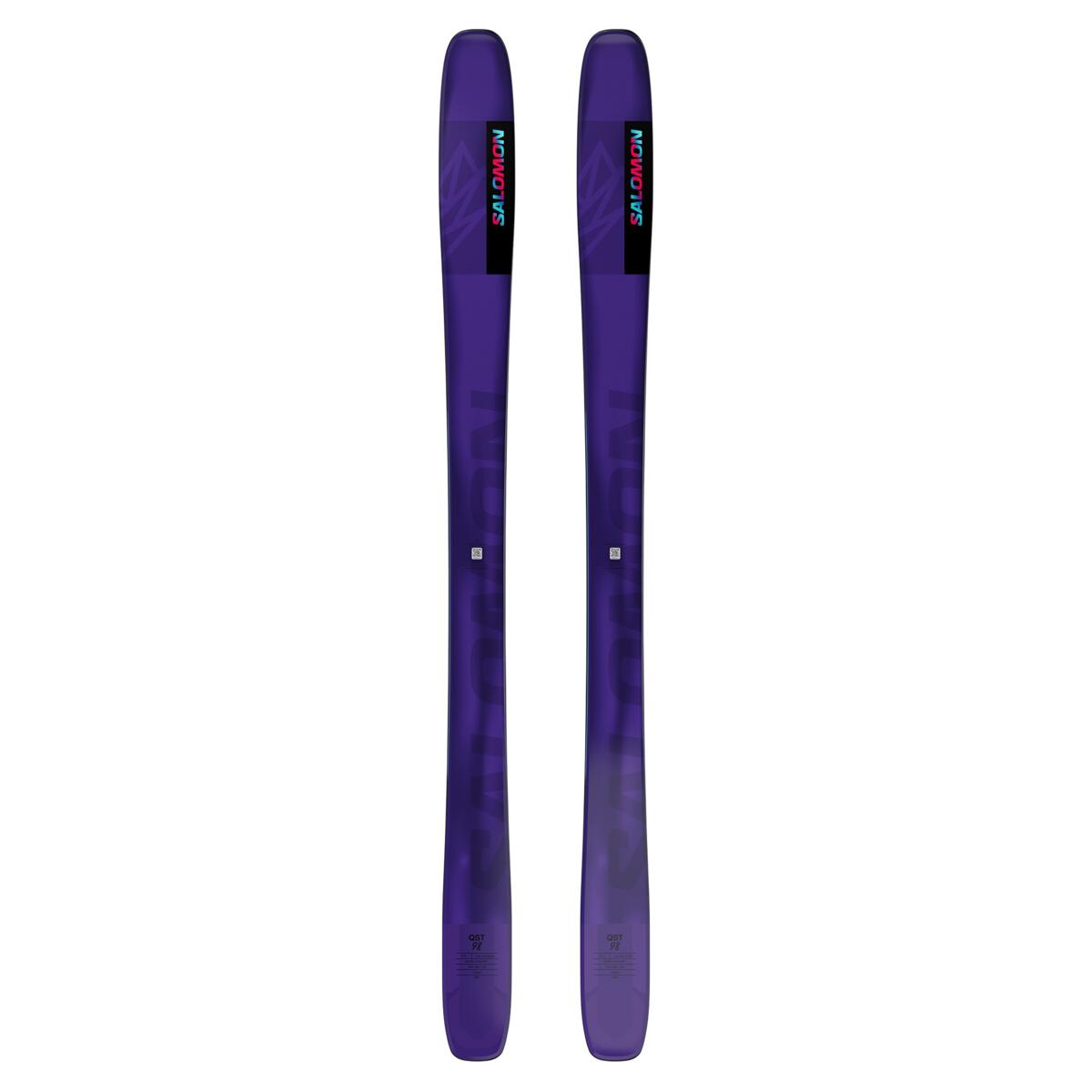 Salomon QST 98 Skis 2025 - A pair of purple skis with a geometric pattern on them, featuring the brand name "SALOMON" in pink and blue letters.