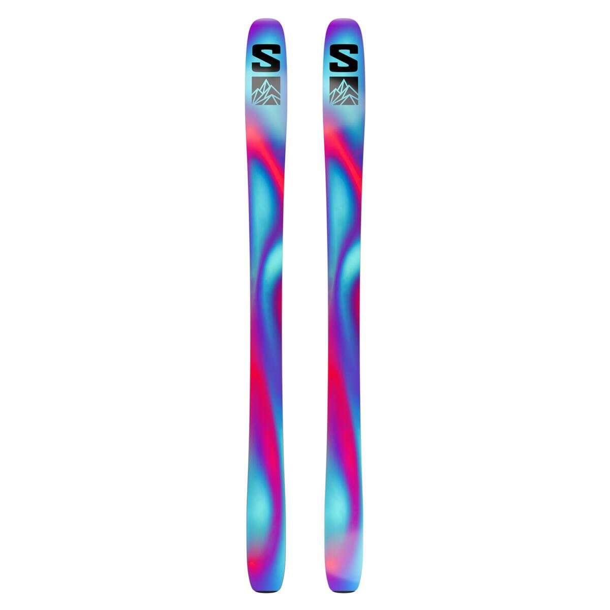Salomon QST 98 Skis 2025 - A pair of skis with a blue and red swirl pattern on a white background.
