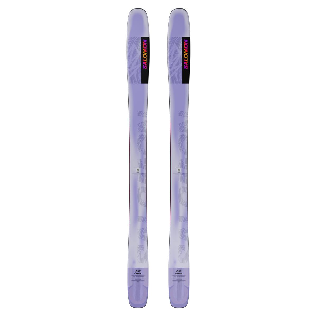 Salomon Women's QST Lumen 98 Skis 2025 - White skis with gray patterned design and black Salomon logo on top.