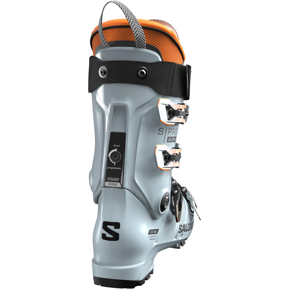 Salomon Men's S/PRO Alpha 120 GW Ski Boots 2025 - A pair of gray ski boots with orange accents and black buckles.
