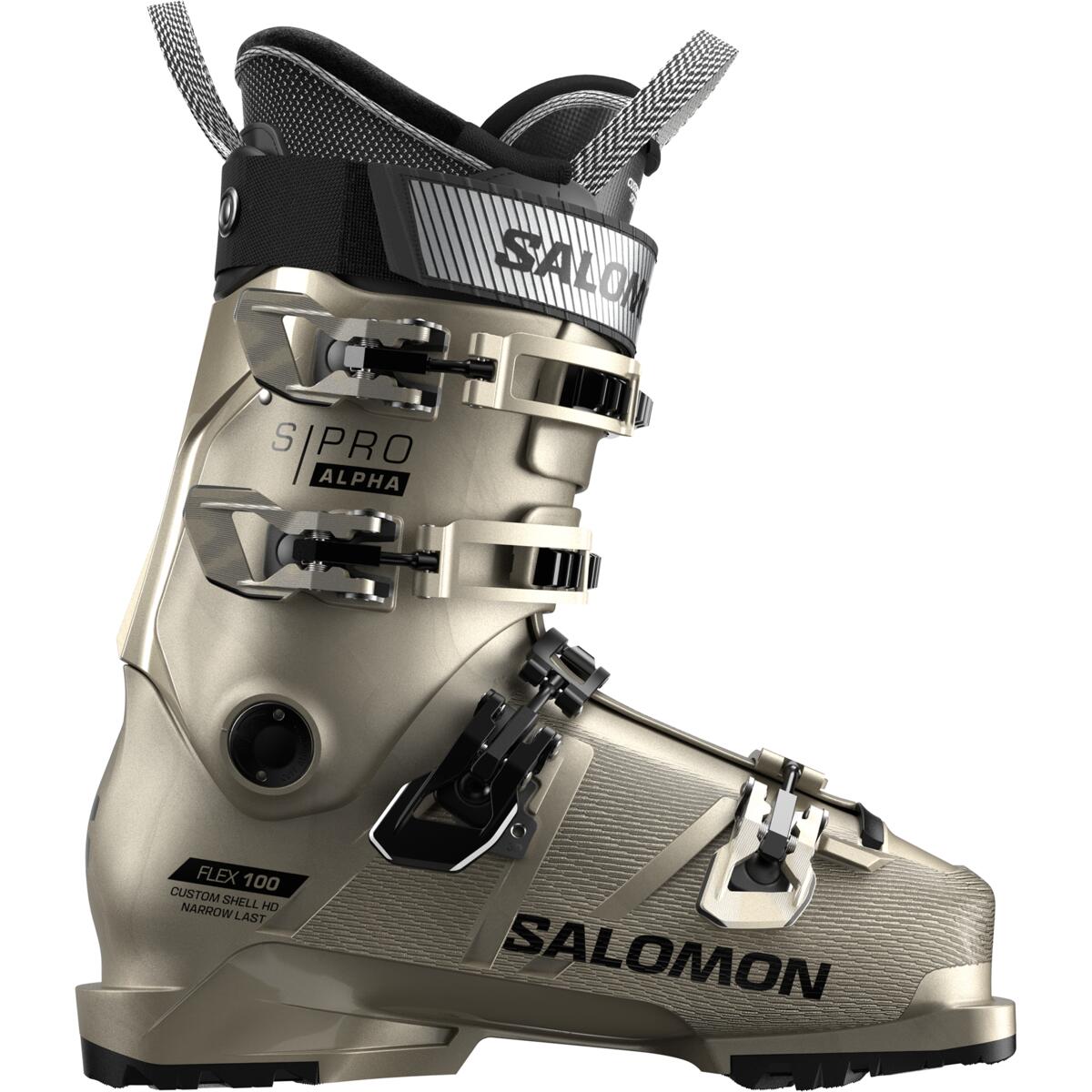 Salomon Women's S/PRO Alpha 100 GW Ski Boots 2025 - A tan ski boot with black accents and a textured pattern on the toe area, viewed from the side.