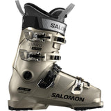 Salomon Women's S/PRO Alpha 100 GW Ski Boots 2025 - A tan ski boot with black accents and a textured pattern on the toe area, viewed from the side.