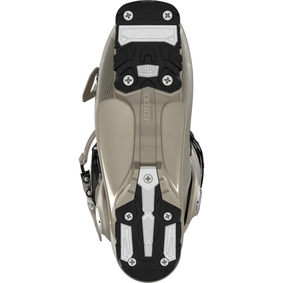 Salomon Women's S/PRO Alpha 100 GW Ski Boots 2025 - A pair of tan ski boots with a textured black and white pattern on the toe area.