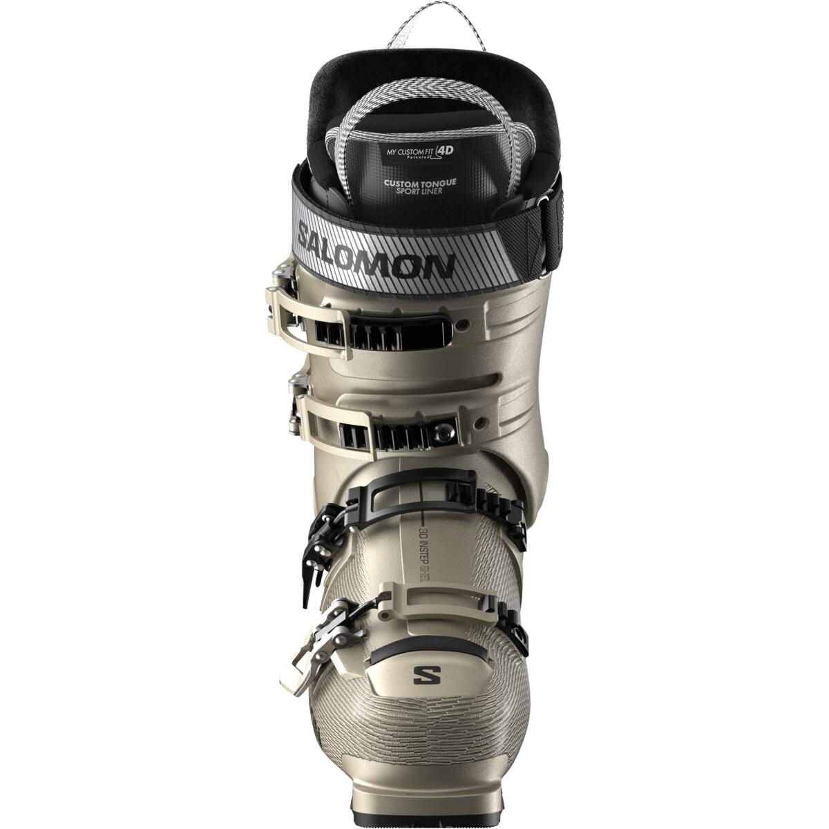 Salomon Women's S/PRO Alpha 100 GW Ski Boots 2025 - Black ski boots with white accents and silver buckles.