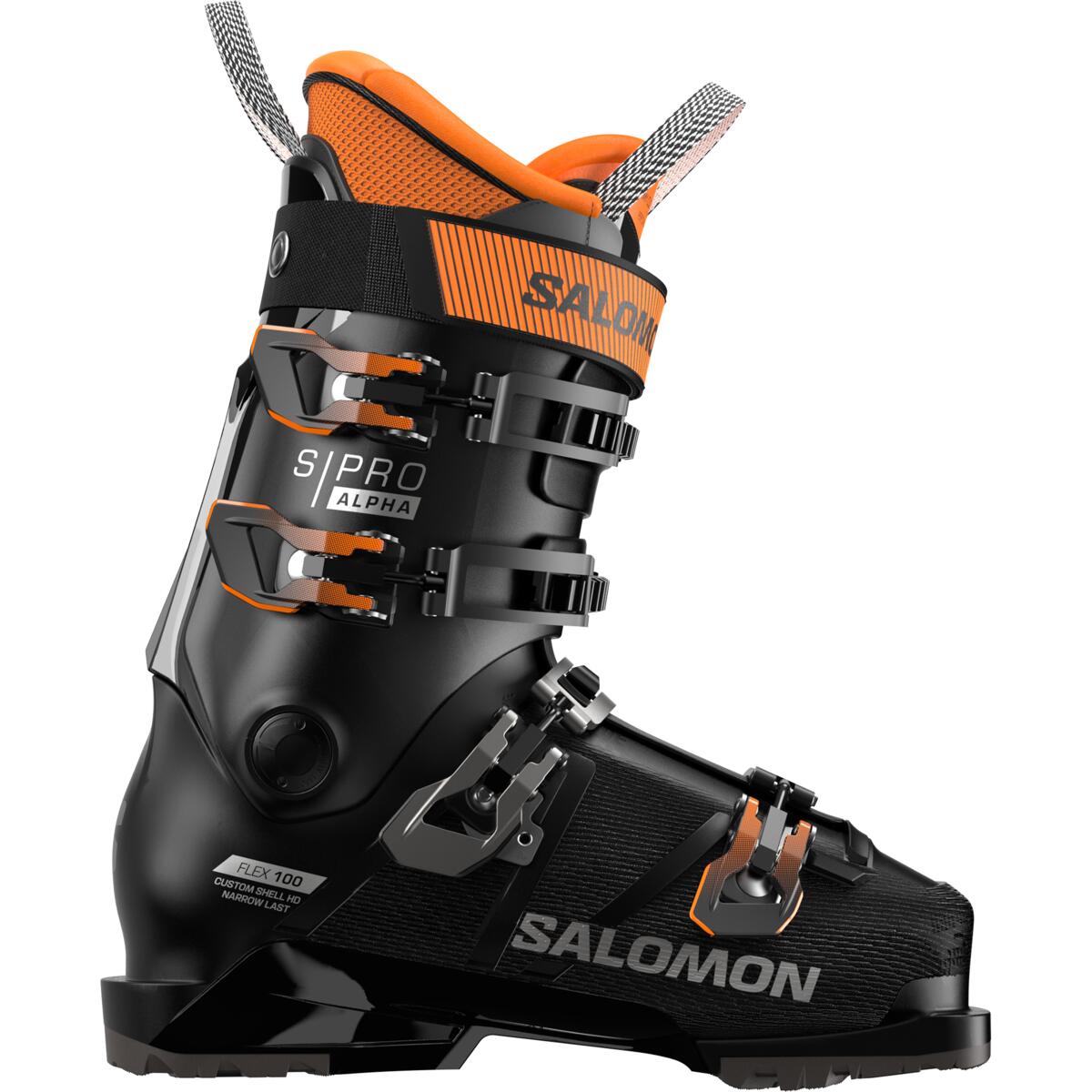 Salomon Men's S/PRO Alpha 100 GW Ski Boots 2025 - Black ski boots with silver buckles and orange accents.