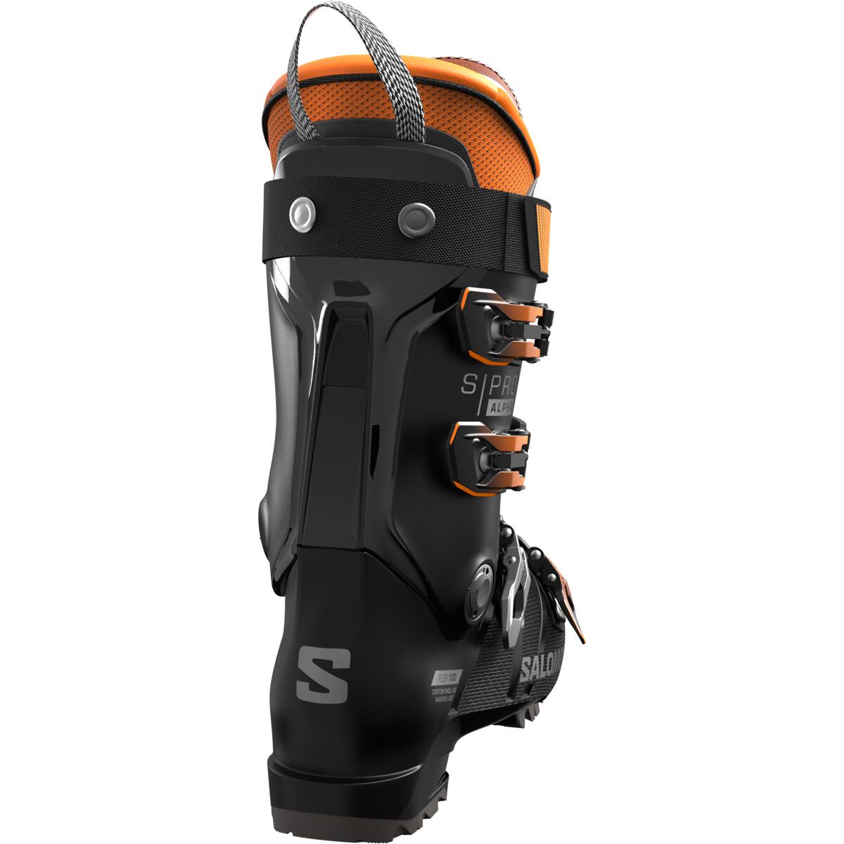 Salomon Men's S/PRO Alpha 100 GW Ski Boots 2025 - Black ski boots with orange accents and silver buckles.