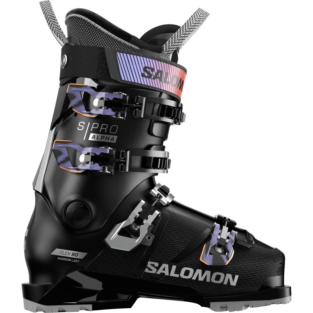 Salomon Women's S/PRO Alpha 80 GW Ski Boots 2025 - Black ski boots with purple accents and silver buckles.