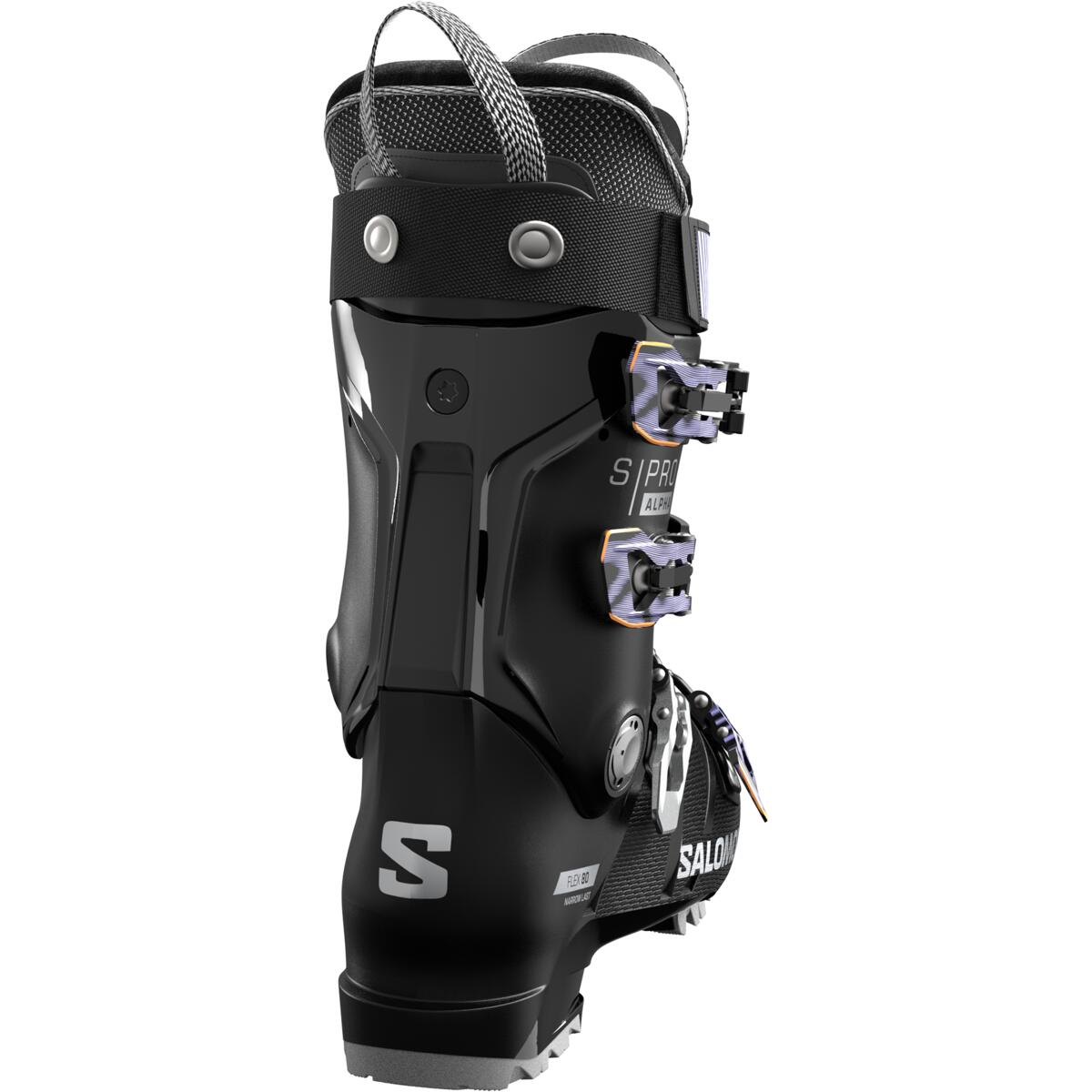 Salomon Women's S/PRO Alpha 80 GW Ski Boots 2025 - Black ski boots with white lettering and silver buckles.