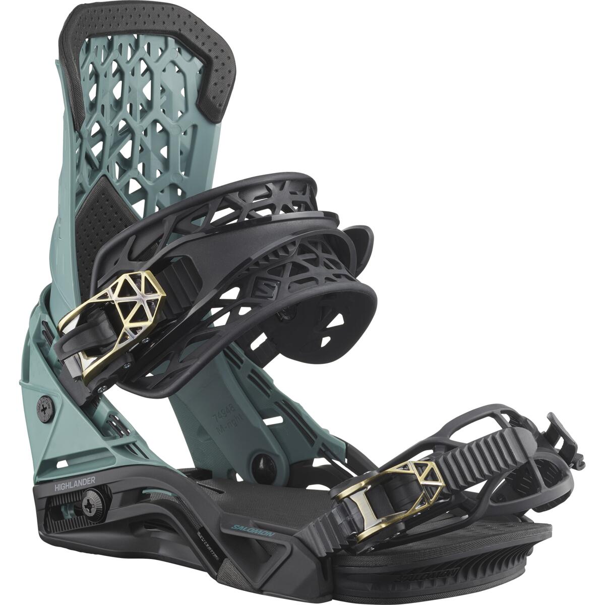 Salomon Highlander Snowboard Binding - A black snowboard binding with a geometric pattern on the straps and buckles.
