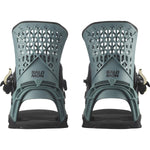 Salomon Highlander Snowboard Binding - A pair of snowboard bindings with a black base and silver buckles, featuring a geometric pattern on the top plate.
