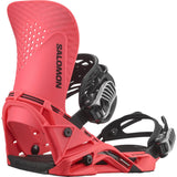 Salomon Hologram Snowboard Bindings 2025 - A pair of red snowboard bindings with black buckles and straps.