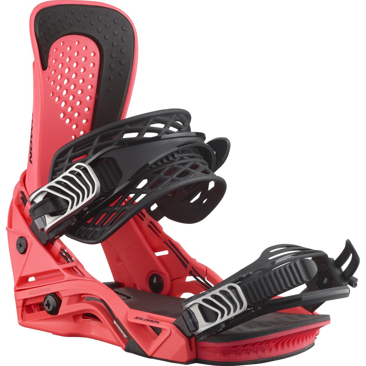 Salomon Hologram Snowboard Bindings 2025 - A pair of red snowboard bindings with black straps and buckles, featuring a textured pattern on the footbed.