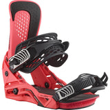 Salomon Hologram Snowboard Bindings 2025 - A pair of red snowboard bindings with black straps and buckles, featuring a textured pattern on the footbed.