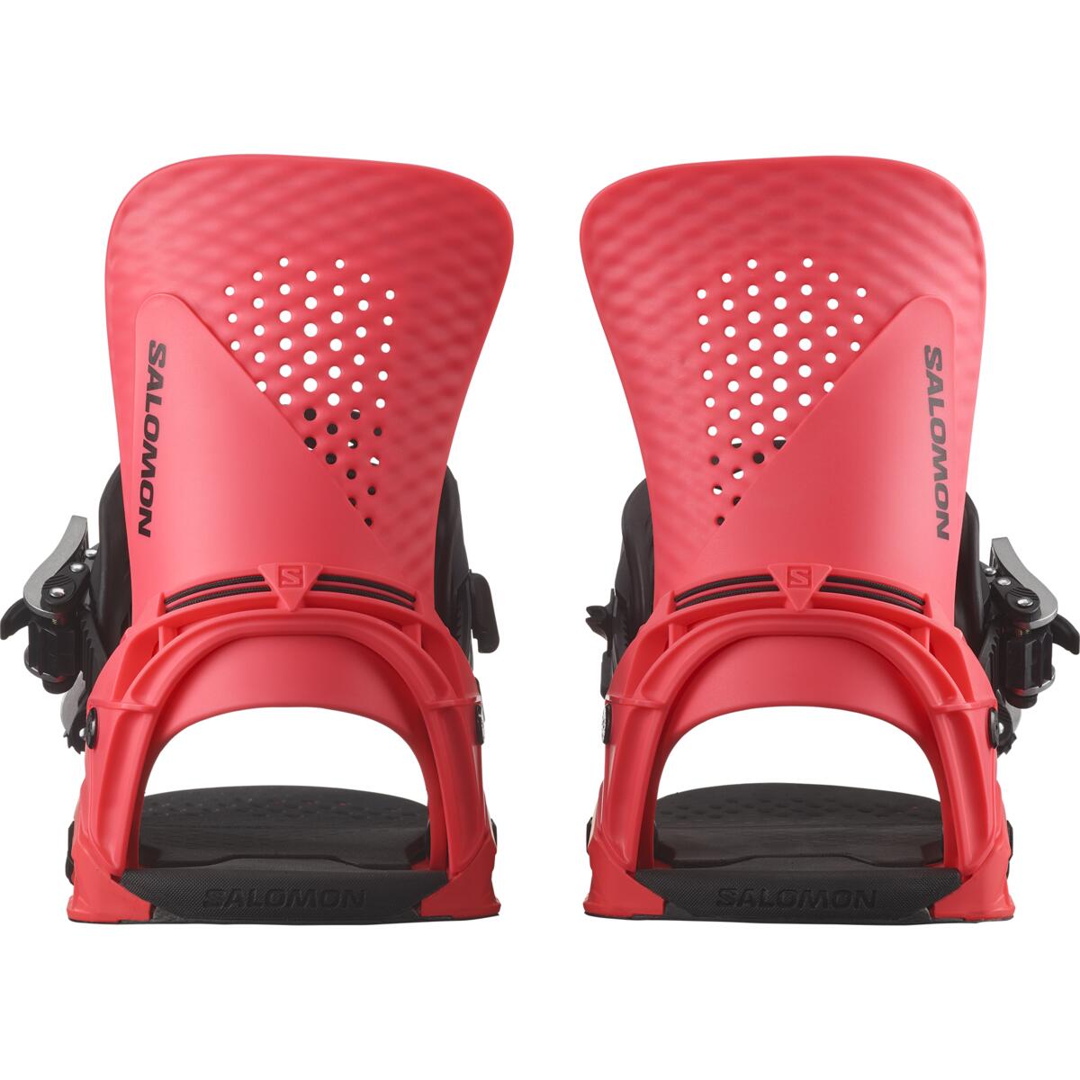 Salomon Hologram Snowboard Bindings 2025 - A pair of red snowboard bindings with a textured pattern on top and black buckles.