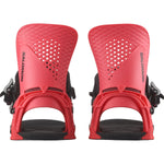 Salomon Hologram Snowboard Bindings 2025 - A pair of red snowboard bindings with a textured pattern on top and black buckles.