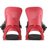 Salomon Hologram Snowboard Bindings 2025 - A pair of red snowboard bindings with a textured pattern on top and black buckles.