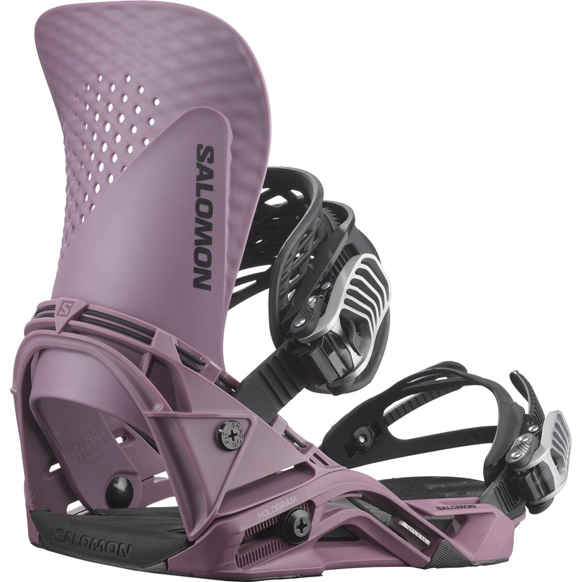 Salomon Hologram Snowboard Bindings 2025 - A pair of snowboard bindings with a purple base and black straps.