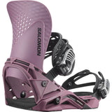 Salomon Hologram Snowboard Bindings 2025 - A pair of snowboard bindings with a purple base and black straps.