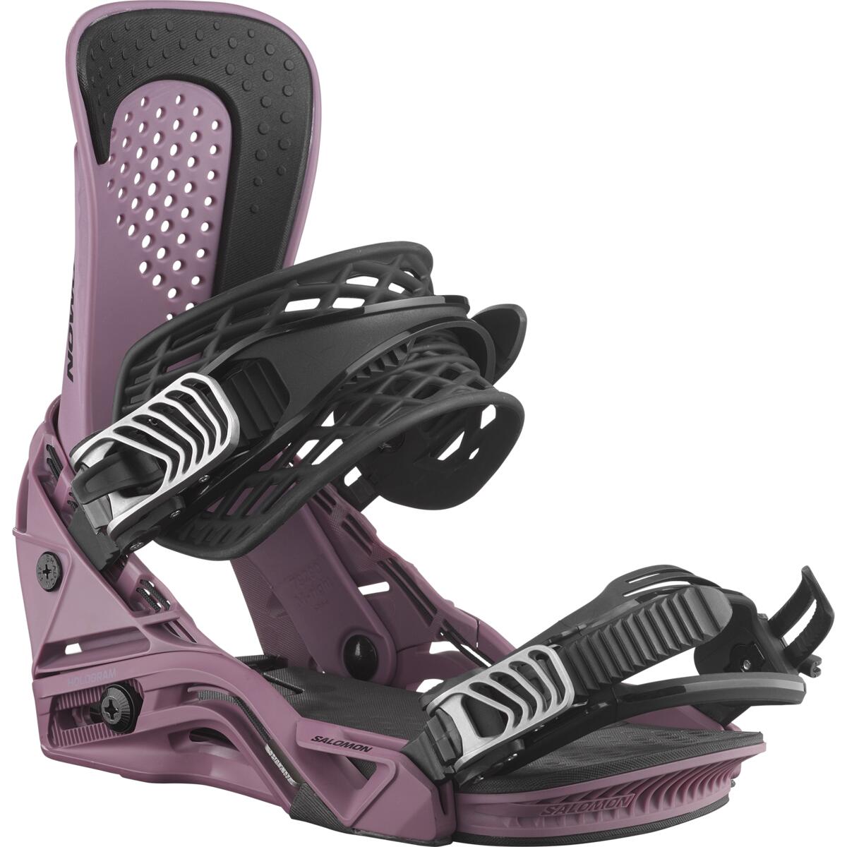 Salomon Hologram Snowboard Bindings 2025 - A pair of snowboard bindings with a purple base and black straps.