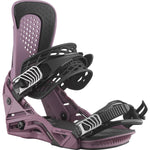 Salomon Hologram Snowboard Bindings 2025 - A pair of snowboard bindings with a purple base and black straps.
