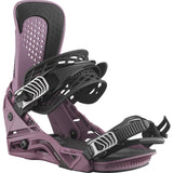 Salomon Hologram Snowboard Bindings 2025 - A pair of snowboard bindings with a purple base and black straps.