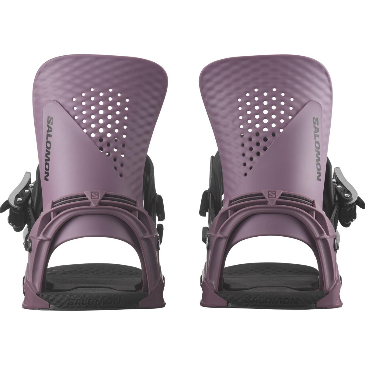 Salomon Hologram Snowboard Bindings 2025 - A pair of snowboard bindings with a purple base and black buckles, featuring a textured pattern on the top plate.