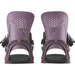 Salomon Hologram Snowboard Bindings 2025 - A pair of snowboard bindings with a purple base and black buckles, featuring a textured pattern on the top plate.
