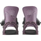 Salomon Hologram Snowboard Bindings 2025 - A pair of snowboard bindings with a purple base and black buckles, featuring a textured pattern on the top plate.