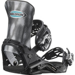 Salomon District Pro Team Snowboard Bindings 2025 - A pair of black snowboard bindings with silver buckles and a blue oval logo on top that says "SALOMON".