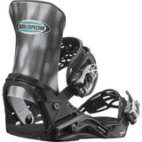 Salomon District Pro Team Snowboard Bindings 2025 - A pair of black snowboard bindings with silver buckles and a blue oval logo on top that says "SALOMON".